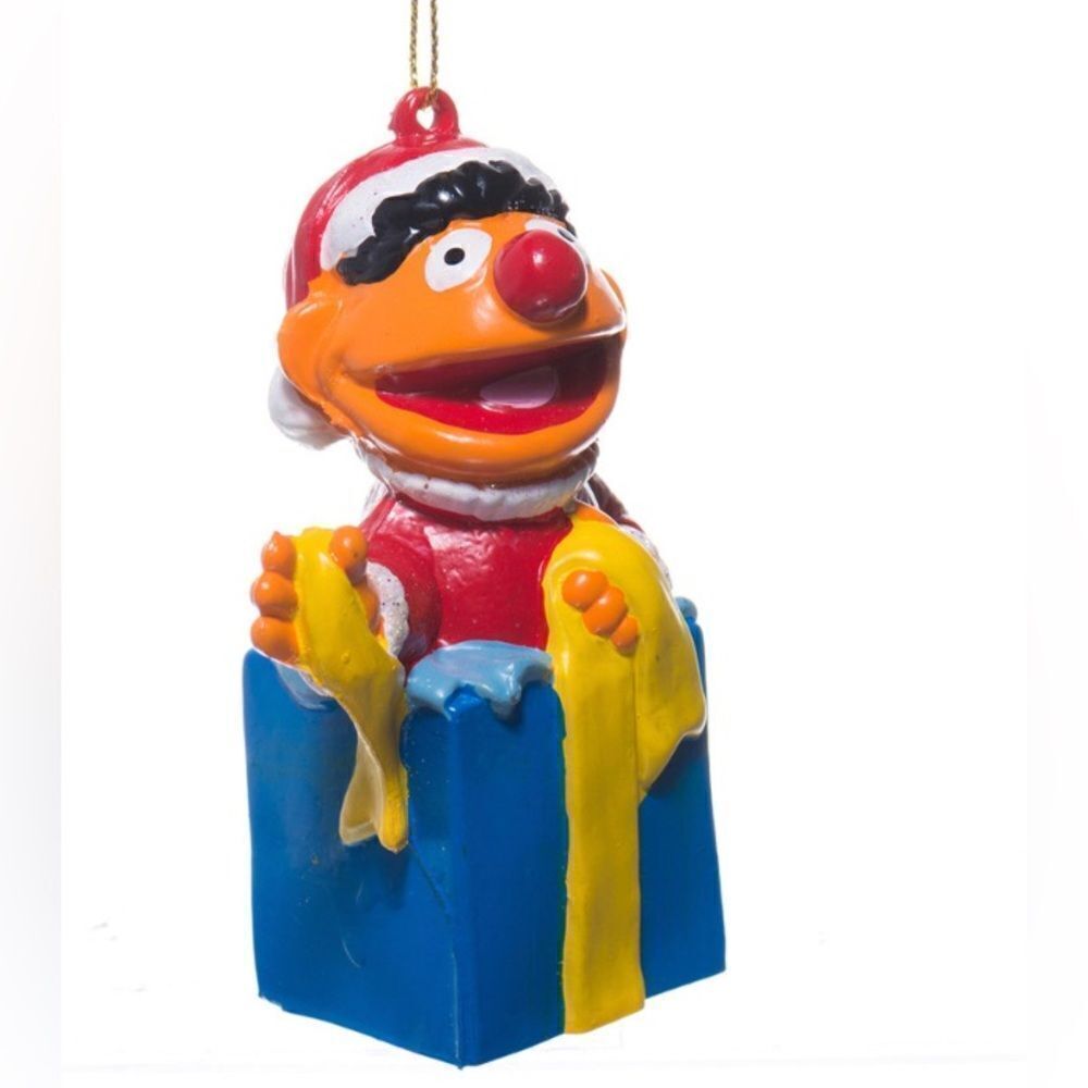 VINTAGE JIM HENSON MUPPET ERNIE IN GIFT BOX IN SANTA SUIT ORNAMENT 4" HX2.5"W